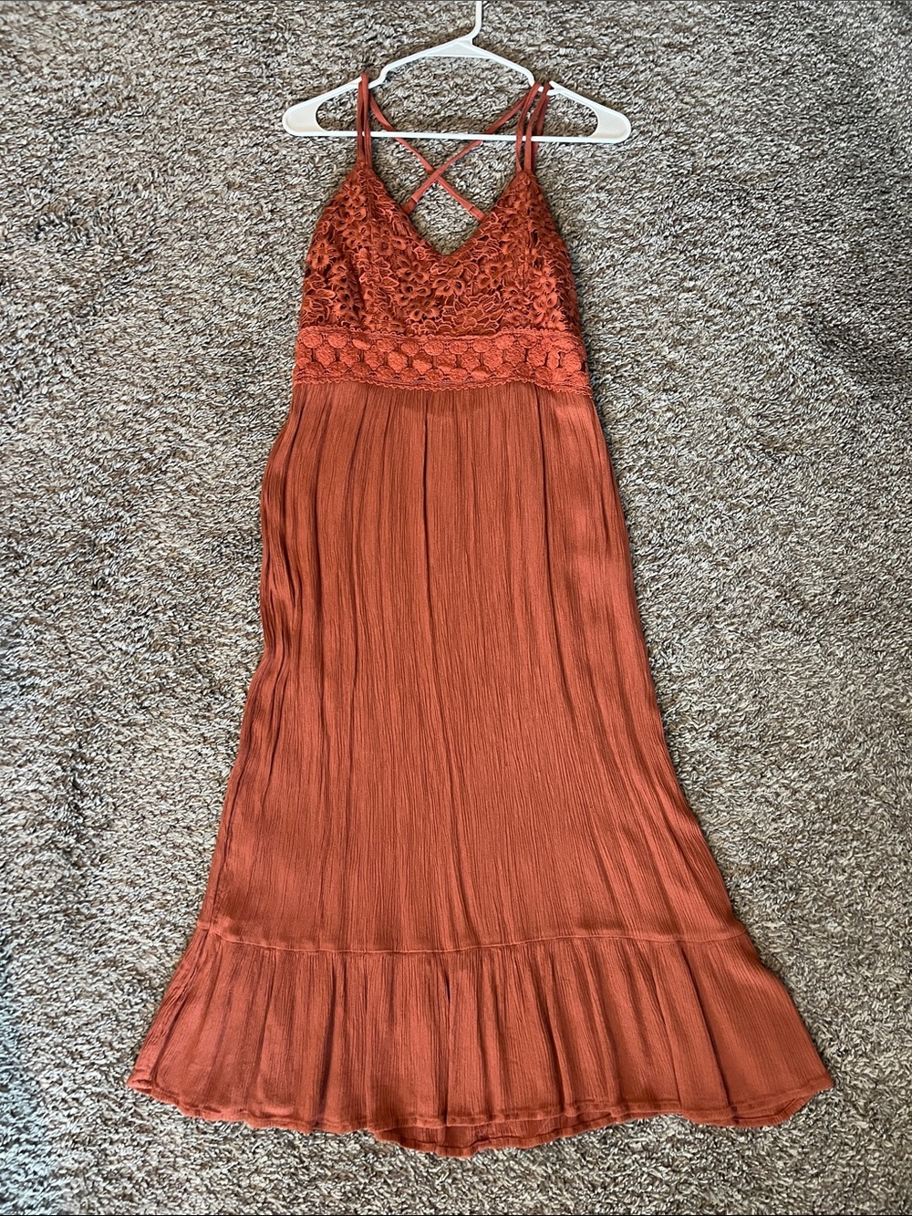 Rust Lace Bodice Midi Dress with Crossback Straps